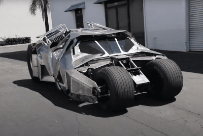 A real life street-legal Batmobile tumbler drives down the road
