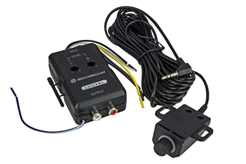 Módulo adicional de amplificación ajustable para el equipo estéreo del coche Scosche LOC2SL, adaptador de cable de altavoz a RCA con detección de señal de 2 canales y mando a distancia, negro