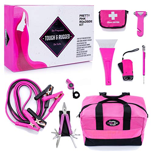 Kit de emergencia rosa para adolescentes y mujeres - Accesorios de coche para mujeres - Bolsa de transporte duradera con cables de arranque rosas, botiquín de primeros auxilios, herramientas rosas, 5 años de garantía