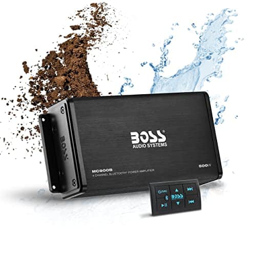BOSS Audio Systems MC900B Amplificador de 4 canales resistente a la intemperie - Bluetooth, 500 vatios, mando multifunción Bluetooth, rango completo, clase A/B, 4-8 ohmios estables, entrada auxiliar, salidas RCA, carga USB